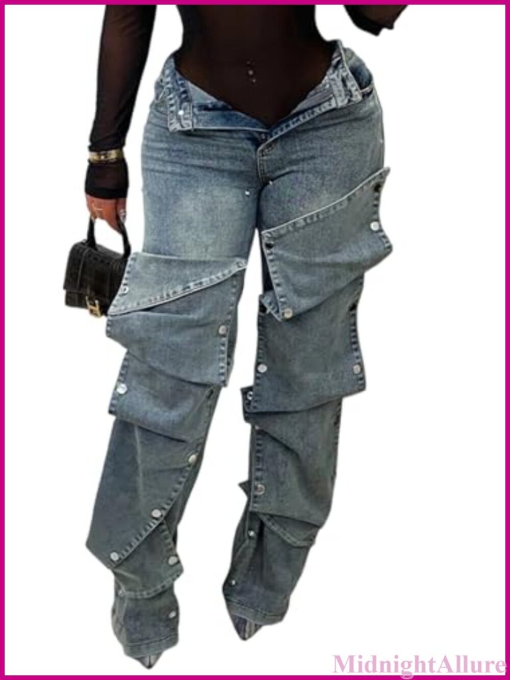 Womens Baggy Cargo Jeans Detachable Wide Leg Polyester Spandex Denim Pants